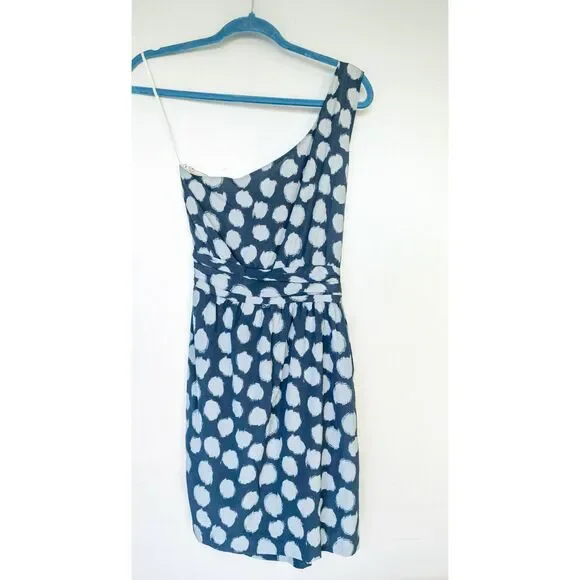 Theory Vivien Ikat Blue & White Spotted Polka Dot One Shoulder Mini Dress Size 8 - Picture 4 of 10